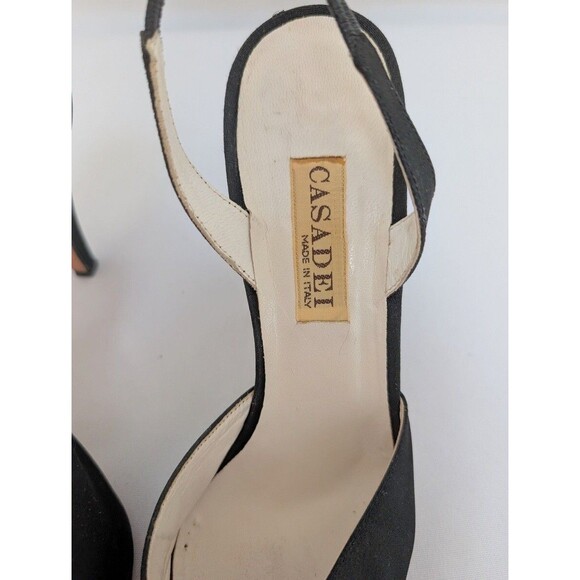 Casadei Woman's Shoes Sz 7 1/2 Black Leather Satin with Sequin Bow Sling Back - Picture 3 of 9